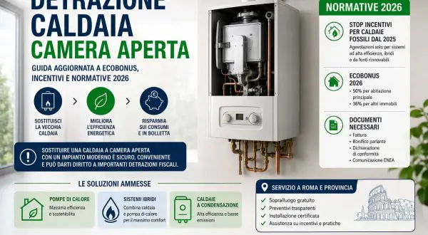 Guida alla detrazione caldaia: sostituisci la vecchia con una a camera aperta per efficienza e risparmio. Normative 2026 e Ecobonus.