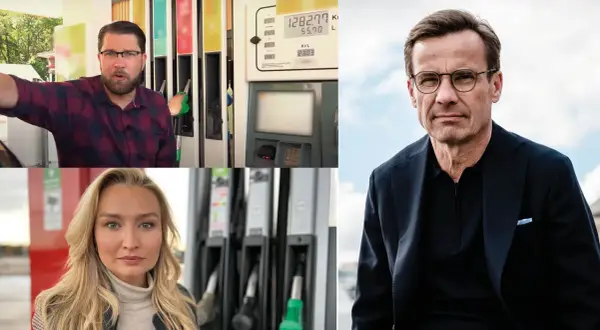 Debatt om höga bensinpriser. En man vid en pump, en kvinna och en politiker. Alger i diesel diskuteras.
