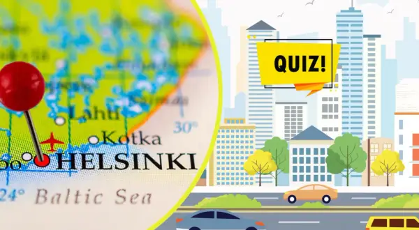 Quiz o stolicy Finlandii, Helsinkach, na tle miasta.