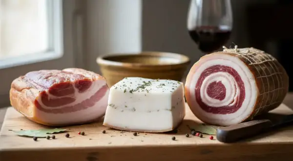 Drei verschiedene Sorten italienischer Speck liegen auf einem Holzbrett. Ein Block, ein Würfel und eine gerollte Variante mit roten und weißen Schichten.