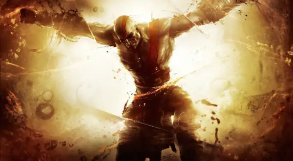 Kratos, gniewny **titan**, rozrywa więzy, otoczony złotym blaskiem i pyłem.