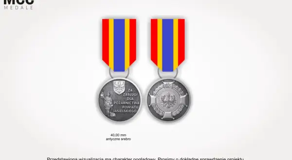 Srebrny medal za zasługi dla pożarnictwa powiatu jasielskiego, z antycznym srebrnym wykończeniem.
