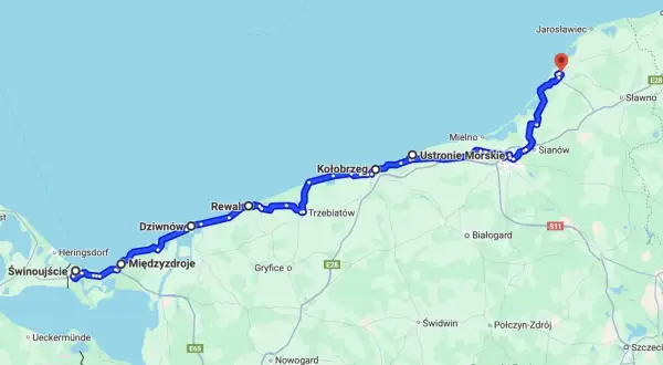 Trasa motocyklowa dookoła Polski wzdłuż wybrzeża Bałtyku, od Świnoujścia przez Rewal, Kołobrzeg, aż po Jarosławiec.