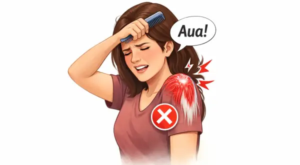Frau mit schmerzender Schulter, die sich den Kopf kämmt. "Aua!" deutet auf die psychischen Ursachen von Frozen Shoulder hin.
