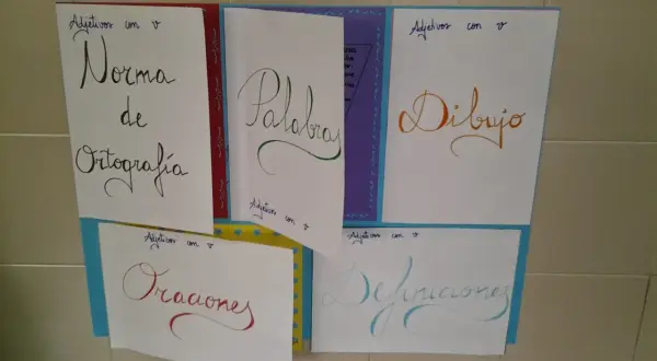Póster educativo sobre adjetivos con "v": "Norma de Ortografía", "Palabras", "Dibujo", "Oraciones" y "Definiciones".