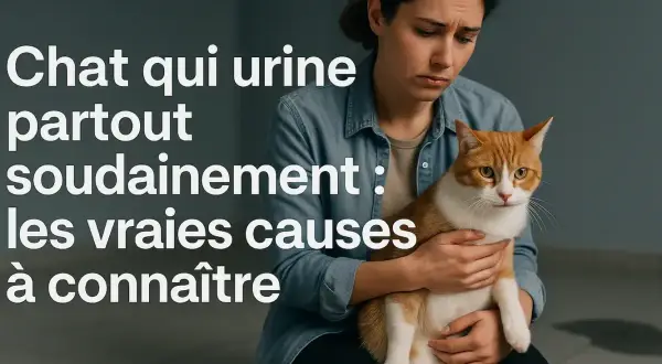 Une femme inquiète tient son chat roux et blanc. Le texte indique "Chat qui urine partout soudainement : les vraies causes à connaître". Comment faire pour que mon chat retourne dans sa litière ?