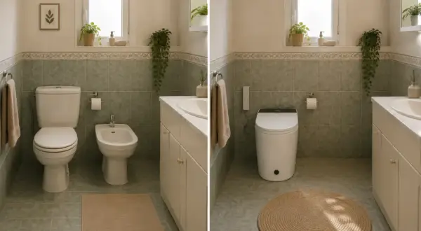 Baño antes y después: se quitó el bidet para instalar un inodoro moderno con funciones avanzadas.