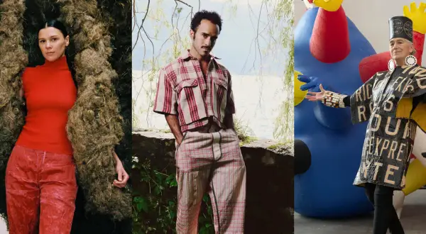 A triptych showcasing avant-garde fashion and art, hinting at the best galleries for emerging artists.