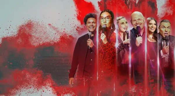 Grupa amerykańskich komików stand up, w tym Trevor Noah, Bill Burr i inni, gotowi rozbawić publiczność.