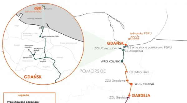 Mapa przedstawia projektowane gazociągi, w tym jednostkę FSRU w Gdańsku i połączenia z siecią przesyłową.