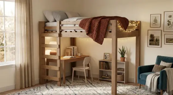 Accogliente open space loft con soppalco in legno, scrivania, libreria e poltrona. Luci soffuse creano un'atmosfera calda.