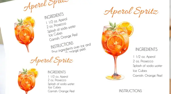 Przepis na Aperol Spritz: 1 1/2 oz Aperolu, 2 oz Prosecco, plus soda. Idealne proporcje dla orzeźwiającego drinka.