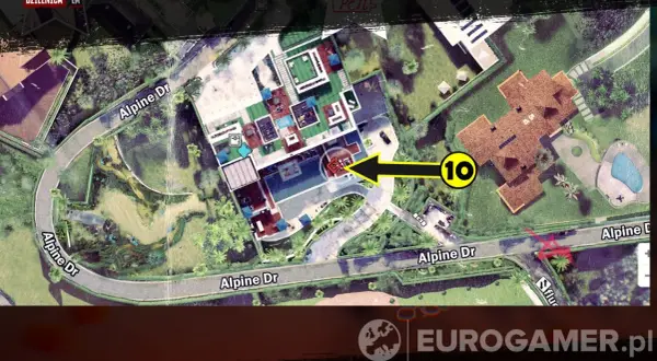Mapa z gry Dead Island 2. Czysta kradzież! Wskazuje cel misji na posiadłości przy Alpine Dr.