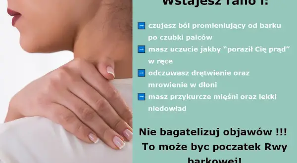 Kobieta trzyma się za bark, odczuwając ból promieniujący do palców. To mogą być objawy rwy barkowej.