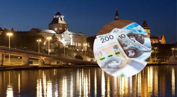 Szczecińska panorama nocą z polskimi banknotami w tle.