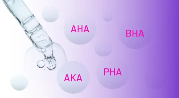 Kropla serum z pipety, a w tle kule z napisami AHA, BHA, AKA, PHA.