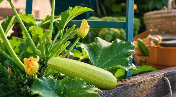 Reife Zucchini liegt auf einem Holzbeet. Gelbe Blüten und grüne Blätter umgeben sie. Perfekt, wann zucchini ernten!