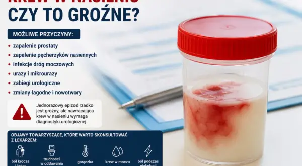Pojemnik z próbką nasienia z widoczną krwią. Informacje o przyczynach i objawach krwi w spermie.