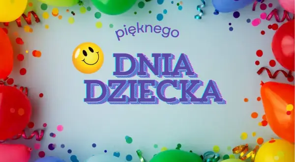 Kolorowe balony i konfetti tworzą radosną oprawę dla śmiesznych życzeń na Dzień Dziecka. Uśmiechnięta buźka dodaje zabawy!