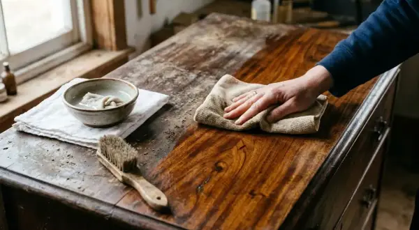 Main d'une personne essuyant un meuble en bois avec un chiffon, montrant comment dégraisser du bois. Une brosse et un bol d'eau sont à proximité.