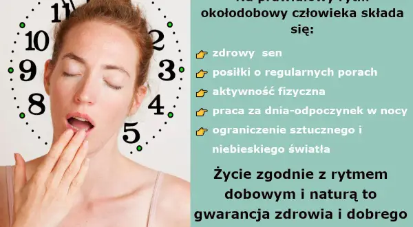 Kobieta ziewa, a wokół jej głowy widnieje tarcza zegara. Tekst informuje o prawidłowym rytmie okołodobowym, podkreślając znaczenie odpoczynku w nocy, a nie spanie w dzień zamiast w nocy.