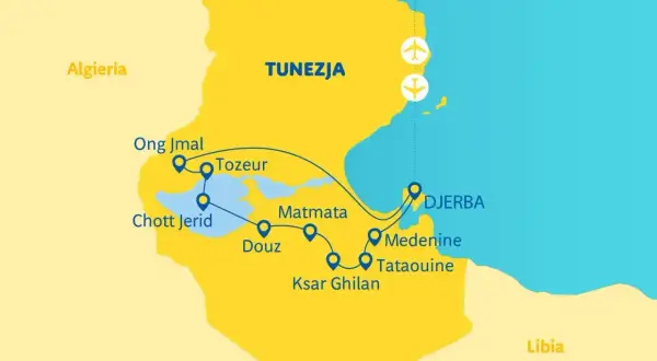 Mapa Tunezji z zaznaczonymi miastami: Tozeur, Douz, Tataouine, Dżerba. Dwa samoloty symbolizują lot. Tunezja ile trwa lot?