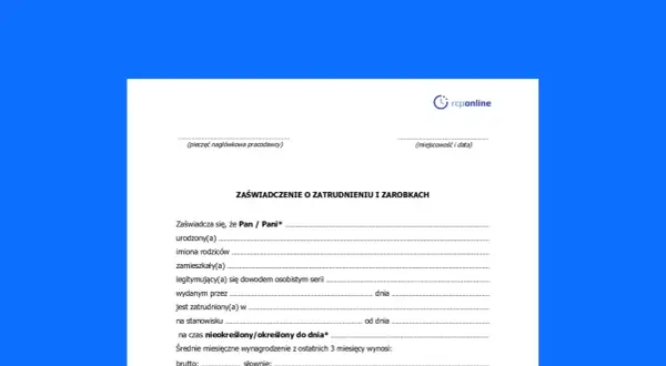 Formularz "Zaświadczenie o zatrudnieniu i zarobkach" zawiera pola do wypełnienia, takie jak dane osobowe, informacje o zatrudnieniu i wynagrodzeniu.