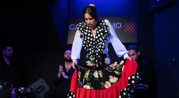 Bailaora de flamenco con falda voluminosa, mostrando la pasión de la bulería. Músicos la acompañan.