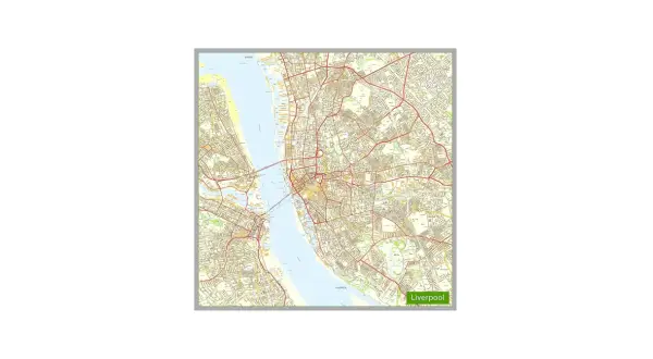 Mapa drogowa miasta, pokazująca rzekę i sieć ulic. Widać napis "Liverpool", co odpowiada na pytanie: gdzie jest Liverpool.