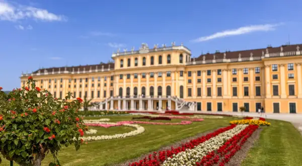 Wiedeń atrakcje: Pałac Schönbrunn z barwnymi rabatami kwiatowymi i zielonymi trawnikami.