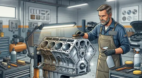 Mechanik pokazuje, czym wyczyścić aluminium, szczotkując blok silnika. W warsztacie widać narzędzia i środki czyszczące.