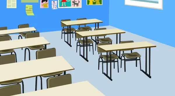 Pusta klasa z rzędami pustych stołów i krzeseł, na ścianie rysunki dzieci.
