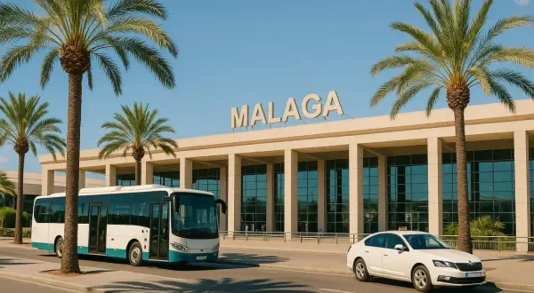 Autobus i biały samochód przed budynkiem lotniska Malaga. Idealne miejsce na rozpoczęcie podróży, tanie malaga loty czekają!