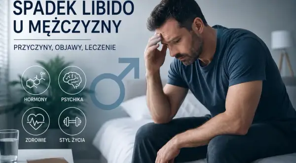 Mężczyzna zmartwiony spadkiem libido. Obraz przedstawia czynniki wpływające na popęd seksualny: hormony, psychikę, zdrowie i styl życia. Dowiedz się, jak sprawdzić poziom libido.