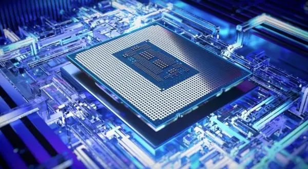 Nowoczesny procesor na niebieskiej płycie głównej, idealny do RTX 4060.