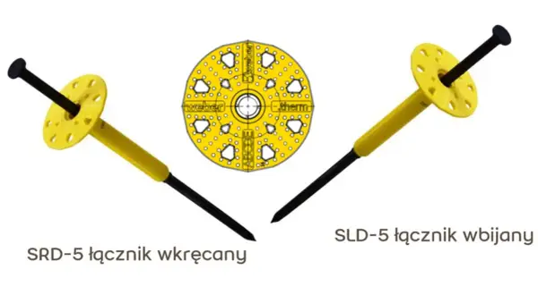Dwa kołki do wełny elewacyjnej: wkręcany SRD-5 i wbijany SLD-5, oraz schemat łącznika.