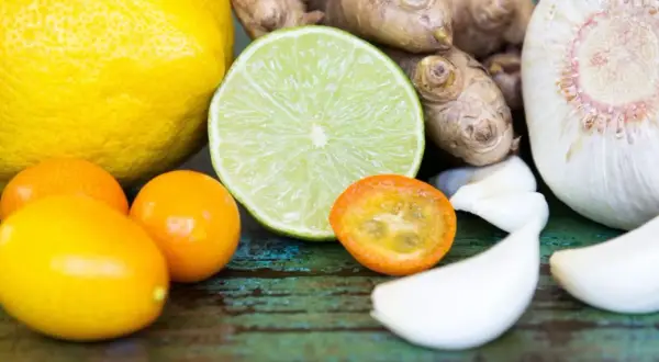 Zutaten für die Genesung: Zitrone, Limette, Kumquats, Ingwer und Knoblauch – ideal, was essen bei Grippe.