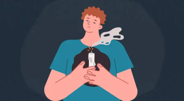 Ilustracja przedstawia postać z płonącą świecą w miejscu serca, z której wydobywa się dym.