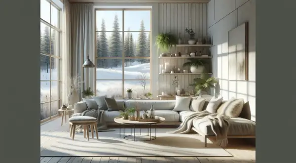 Mysig lounge med skandinavisk design inredning. En stor soffa med kuddar och plädar, ett runt soffbord och hyllor med växter och ljus. Utanför fönstret syns en snöig skog.
