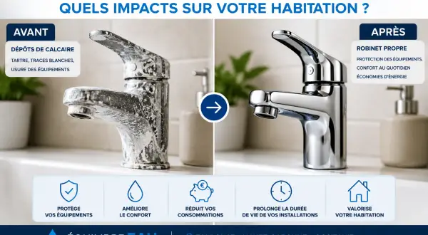 Robinet entartré avant, propre après. L'eau calcaire, un danger pour votre habitation, cause usure et traces.
