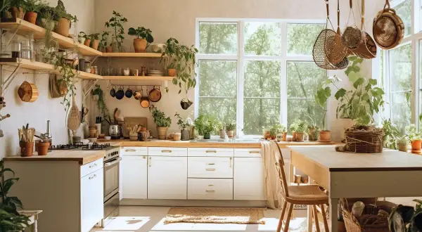 Jasna kuchnia boho z mnóstwem roślin doniczkowych, drewnianymi półkami i wiklinowymi akcentami. Słońce wpada przez duże okno, tworząc ciepłą atmosferę.