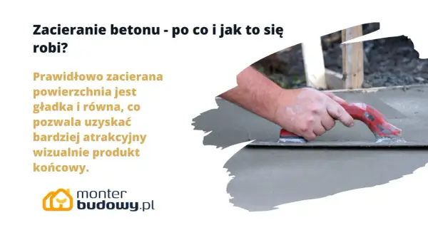 Dłoń z czerwoną pacą wygładza świeży beton, tworząc gładką powierzchnię.