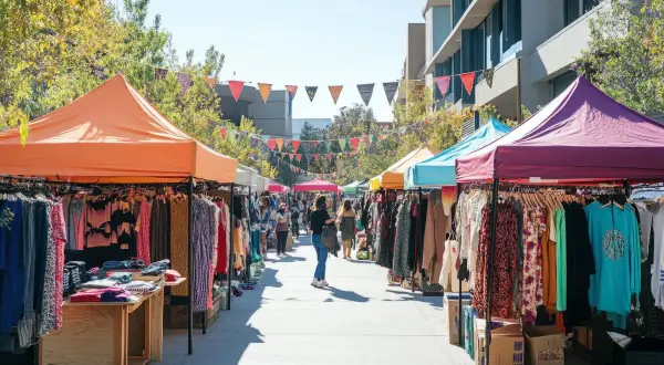 Un animado mercadillo zaragoza domingos con puestos de ropa colorida bajo toldos. Gente pasea entre las tiendas.