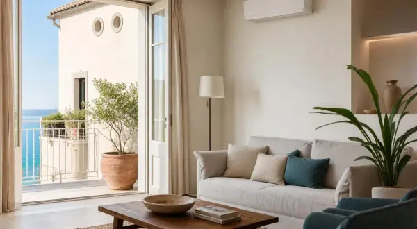 Soggiorno moderno con vista mare. Climatizzatori senza motore esterno per un comfort discreto. Divano, tavolino e piante creano un'atmosfera rilassante.