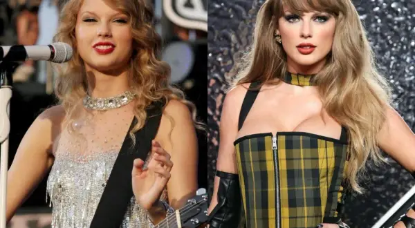 Taylor Swift w dwóch odsłonach: młodsza z gitarą i w błyszczącej sukience, starsza w kratowanym gorsecie. Ile lat ma Taylor Swift?