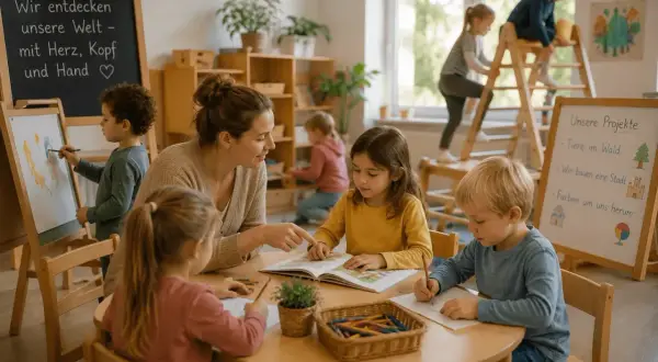 Kinder lernen im situationsorientierter Ansatz Kita. Eine Erzieherin liest vor, während andere malen und basteln.