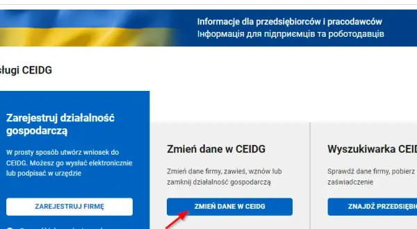 Strona biznes.gov.pl oferuje usługi CEIDG: rejestrację, zmianę danych firmy i wyszukiwarkę.