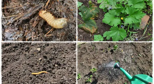 Larwa chrząszcza i dżdżownica w ziemi. Widać też rośliny i podlewanie grządek.