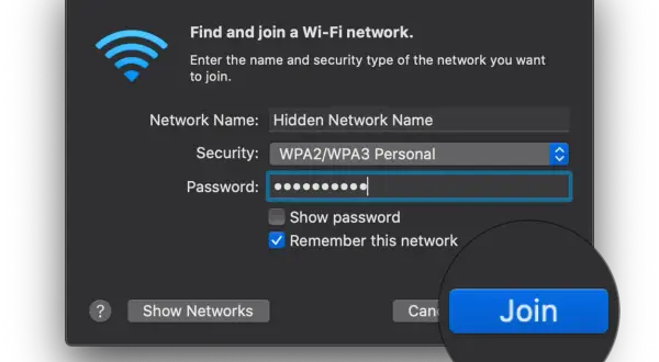 Okno łączenia z siecią Wi-Fi. Wpisano nazwę sieci (ssid) "Hidden Network Name" i hasło. Kliknięto przycisk "Join".