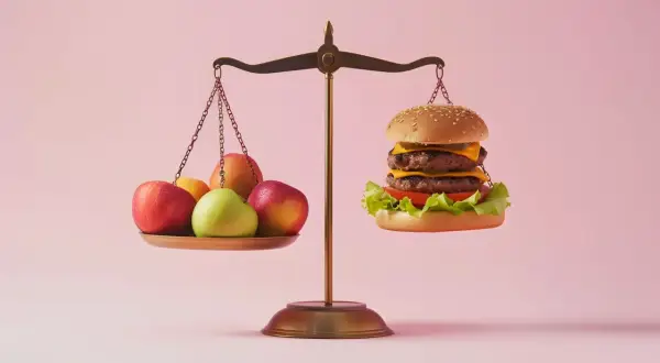 Waga pokazuje nierównowagę: owoce po jednej stronie, burger po drugiej. Zastanawiasz się nad zakwaszeniem organizmu objawy?